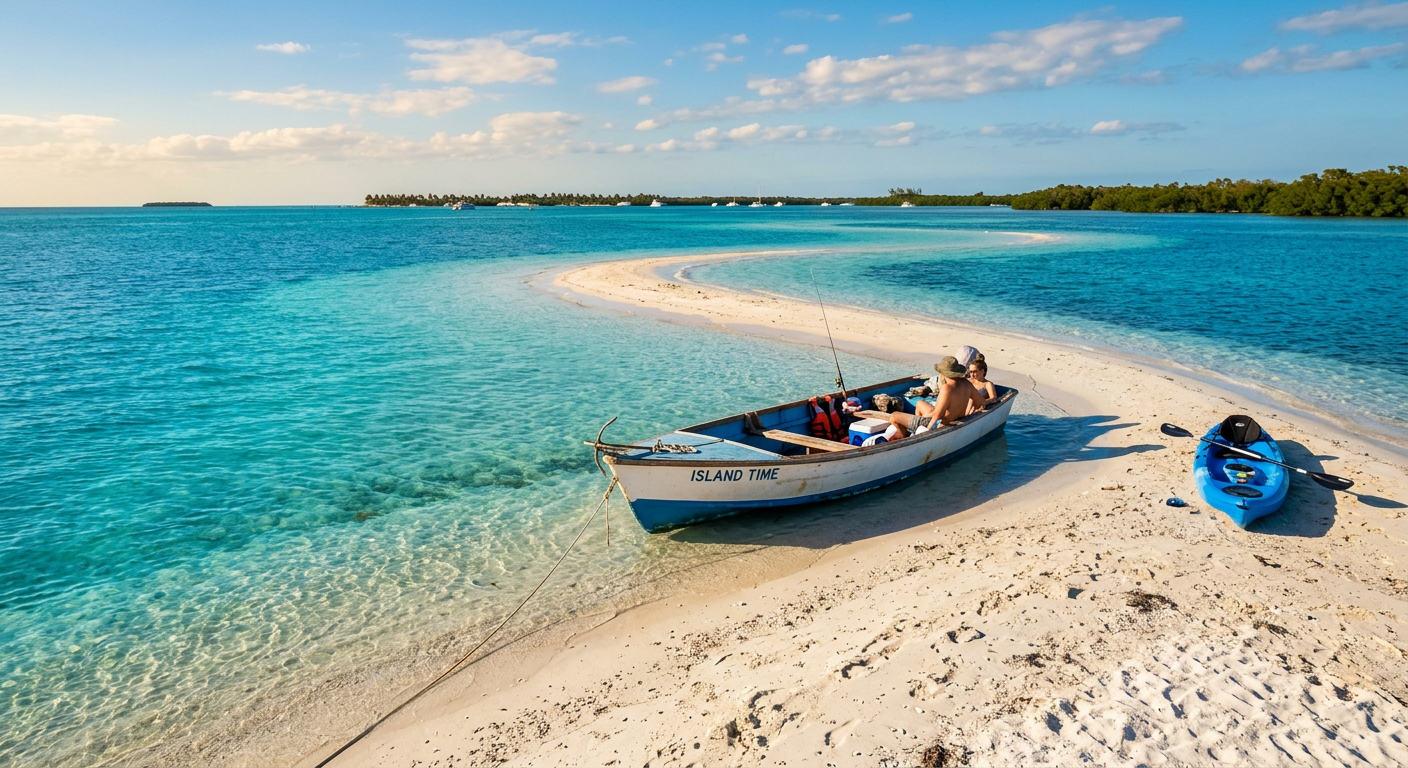 A small boat anchored at a shallow sandbar in Biscayne Bay surrounded by clear blue water