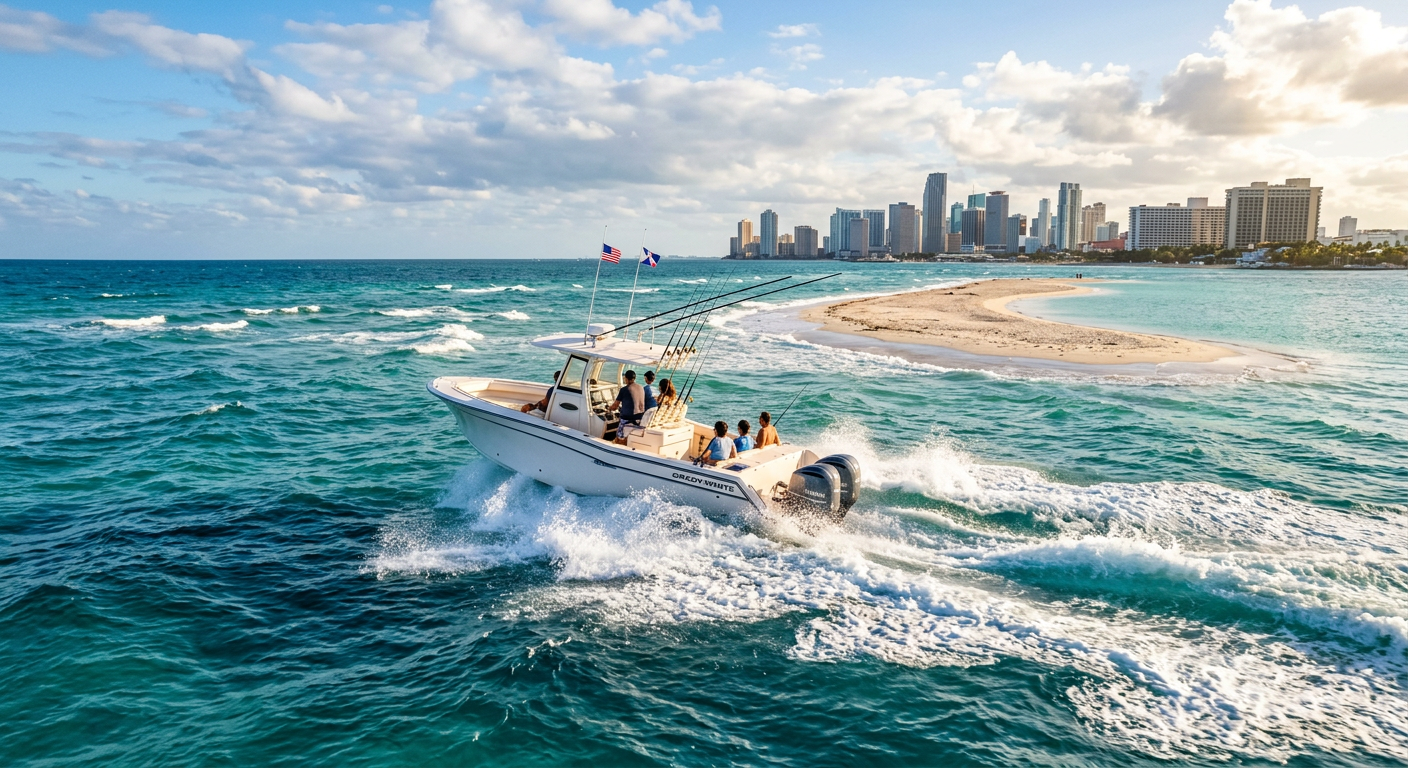 A white center console boat speeding through choppy blue waves near a sandbar in Miami