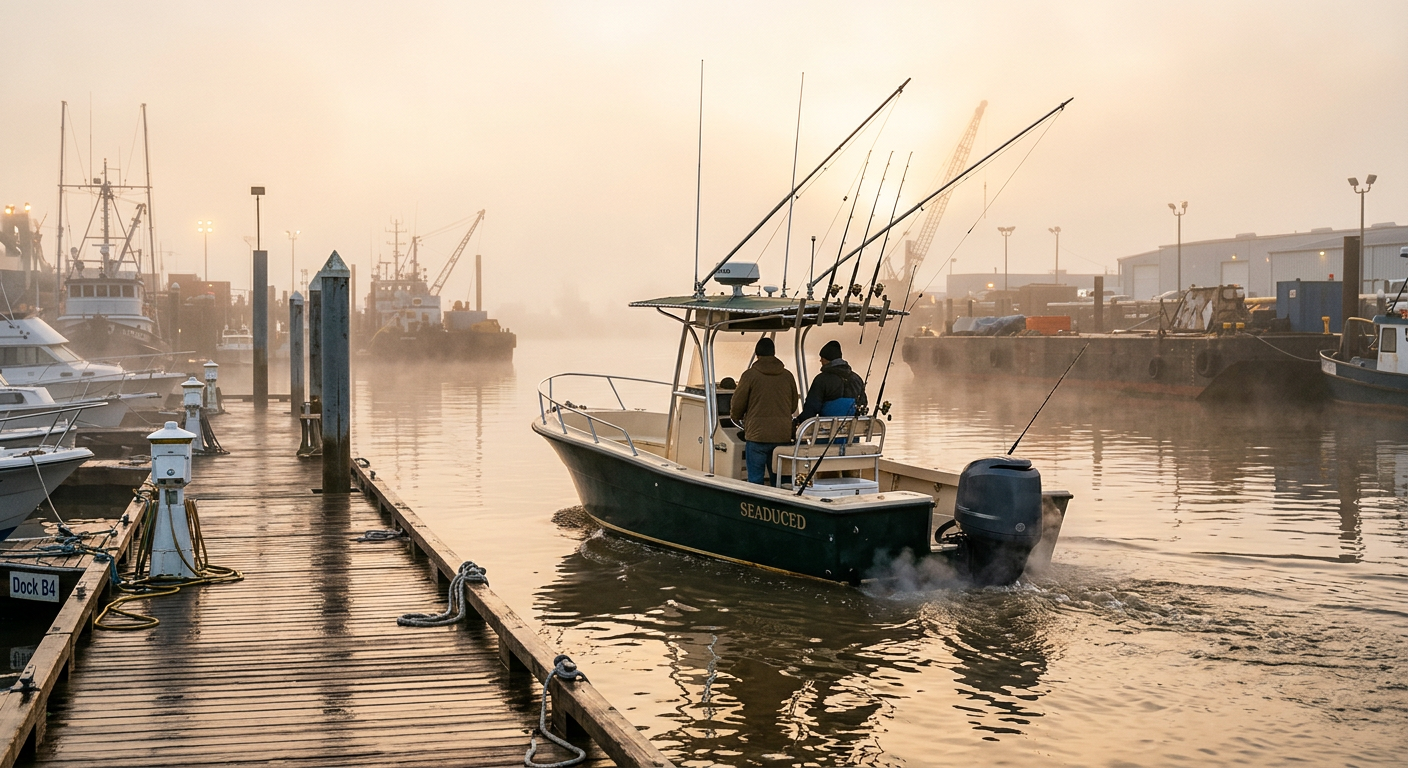 Center console fishing boat pulling out of an industrial marina stall in the early morning fog