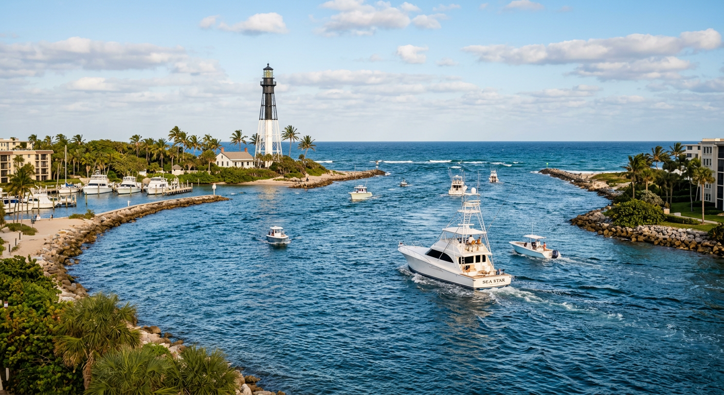 Boats navigating the main channel near Hillsboro Inlet in Pompano Beach