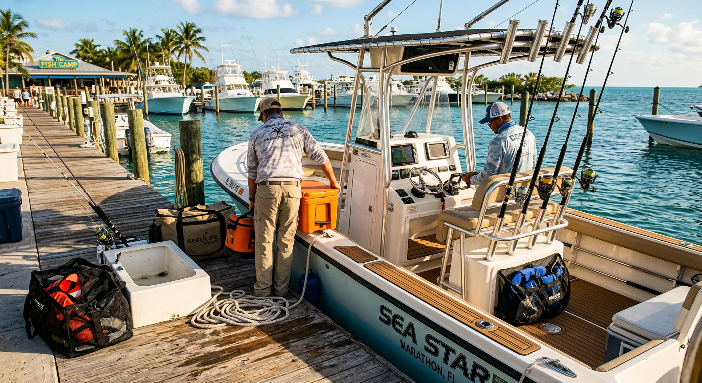 Captains loading fishing gear onto a center console boat at a bright Florida marina dock