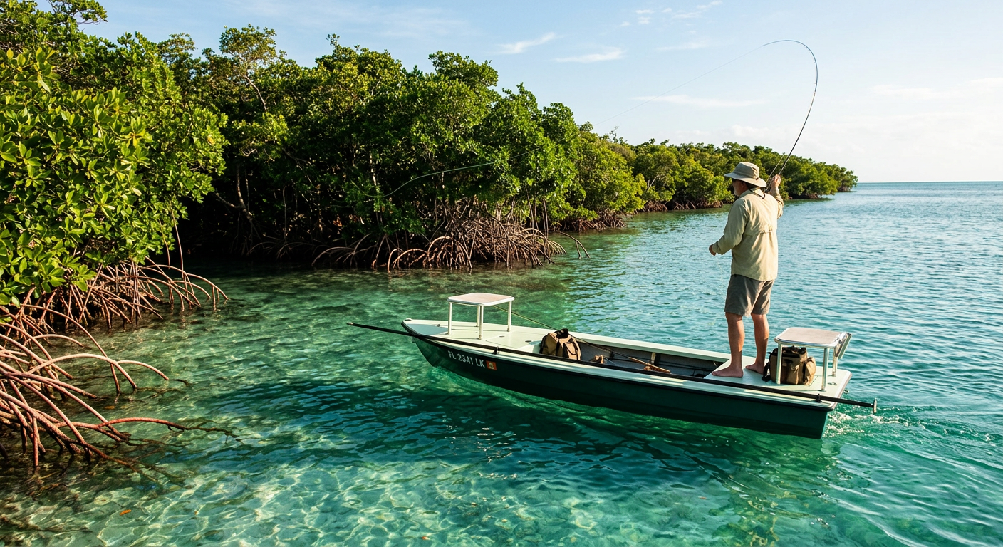 A shallow skiff casting near mangrove roots in clear South Florida water