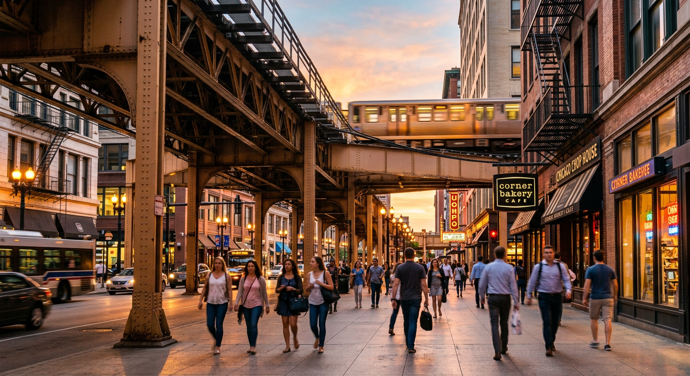 Pedestrians passing under the elevated train tracks in the Chicago Loop