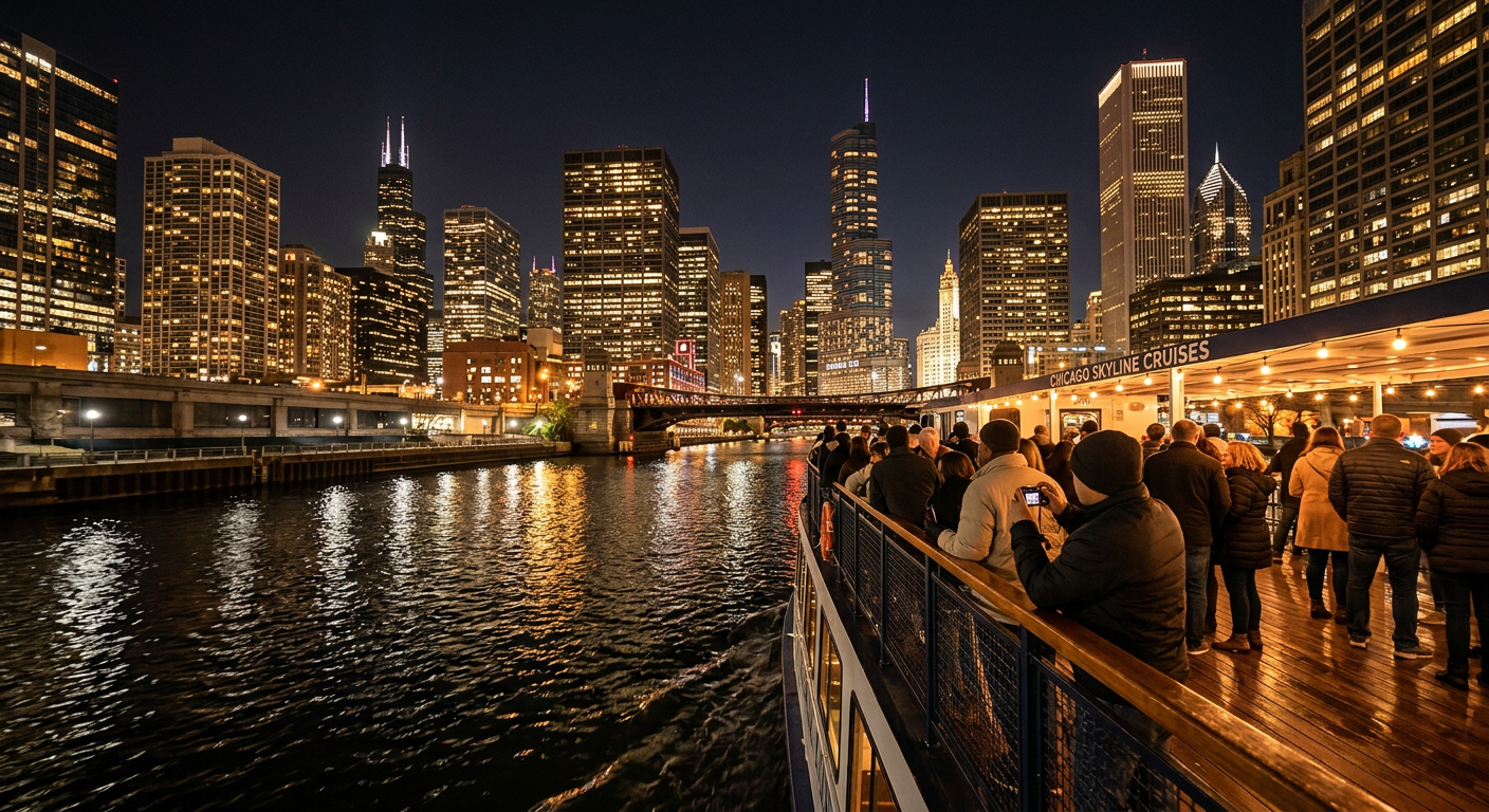 Nighttime view of the glowing Chicago architectural skyline from the deck of a tour boat cruising the dark river