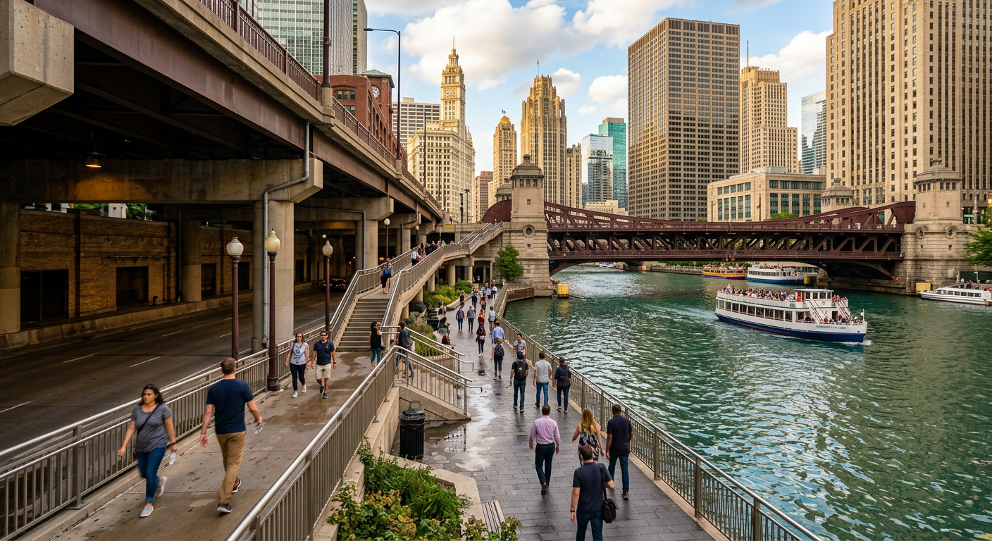 Pedestrians navigating the lower levels of Wacker Drive near the Chicago River