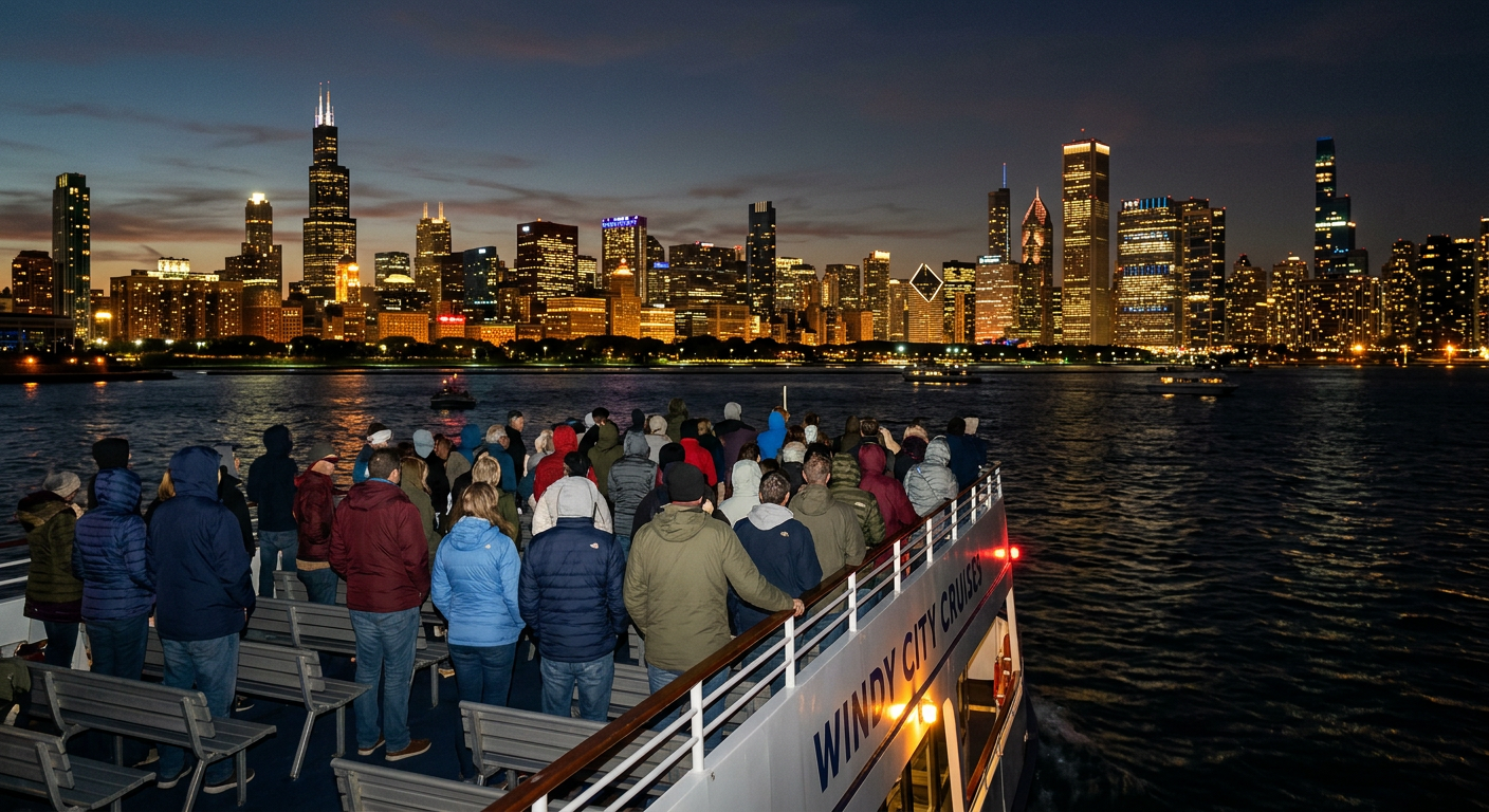 Sightseeing boat passengers wearing light jackets facing the glowing Chicago skyline from the dark waters of Lake Michigan