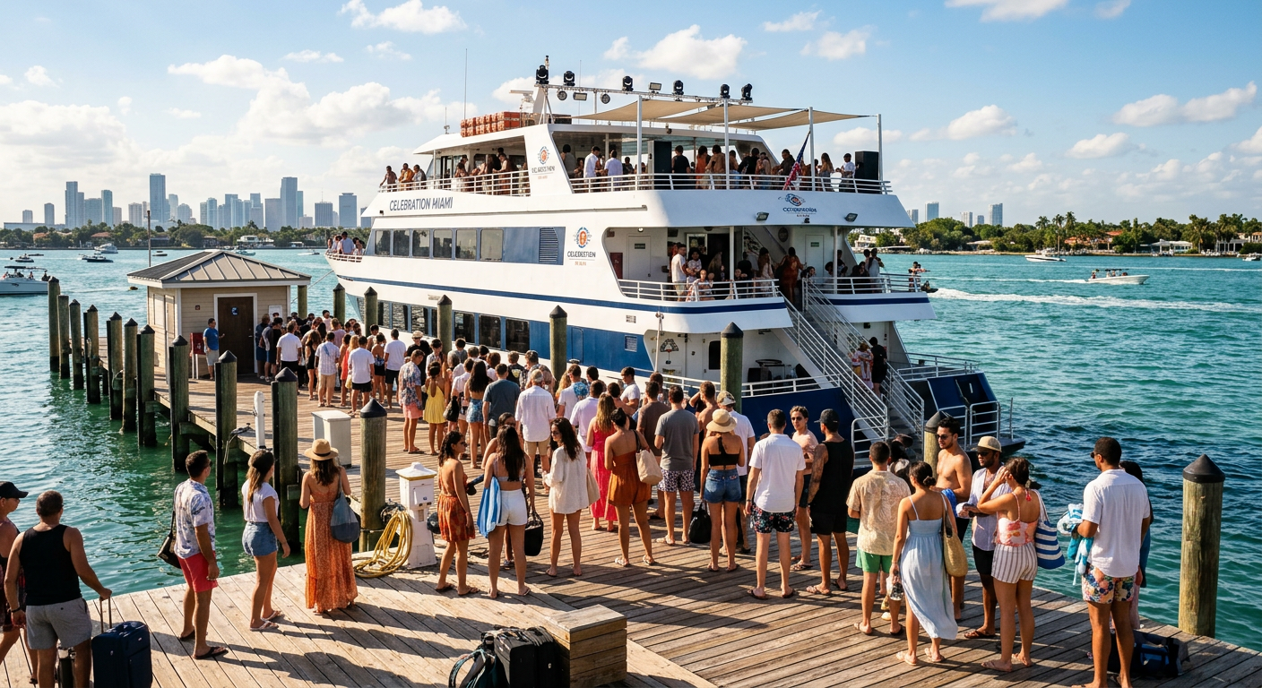 Crowd of people waiting on a sunlit wooden dock in Miami to board a large multi-level party yacht