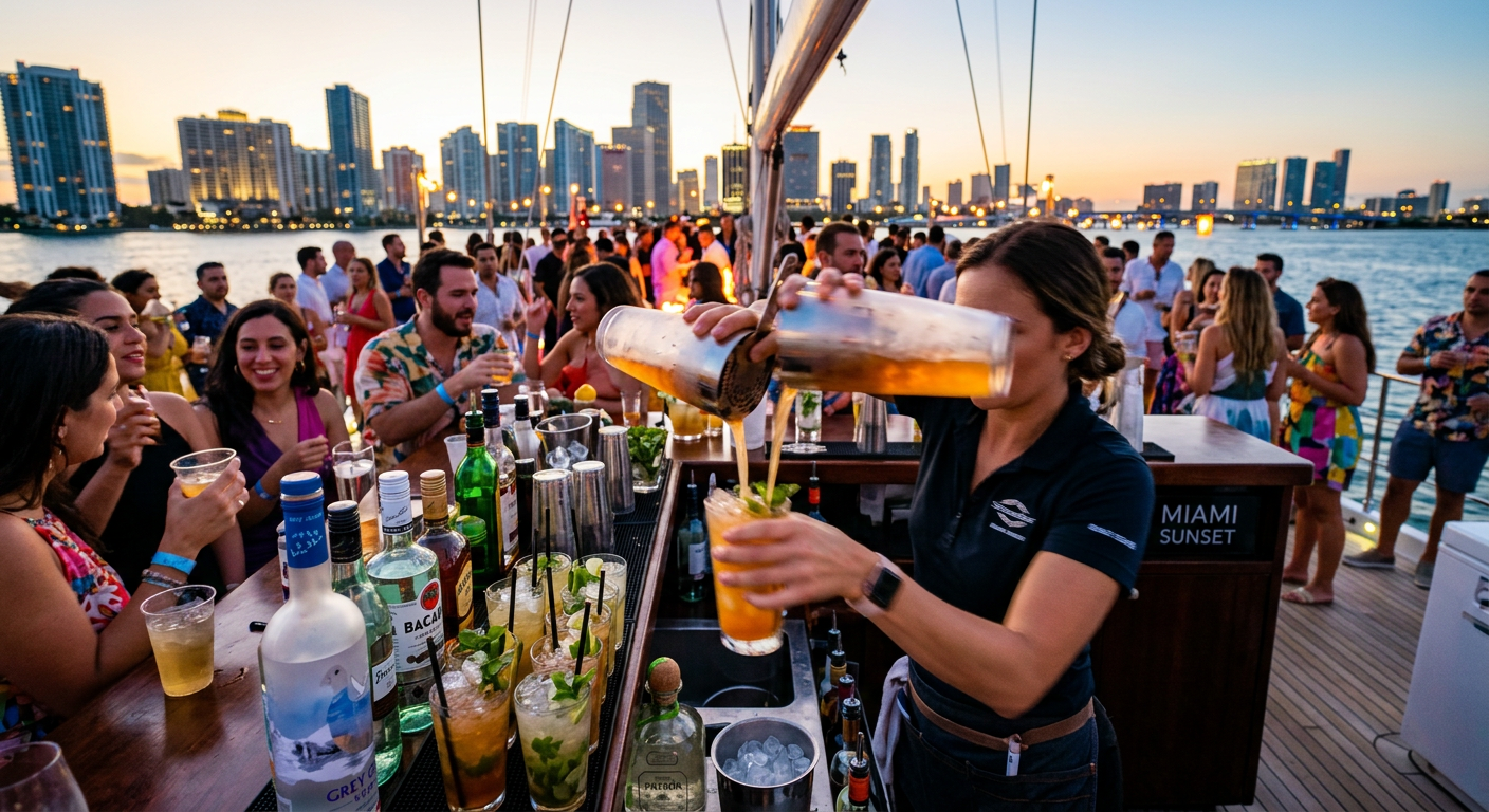 Bartender rapidly pouring mixed drinks at a crowded open bar on a Miami yacht