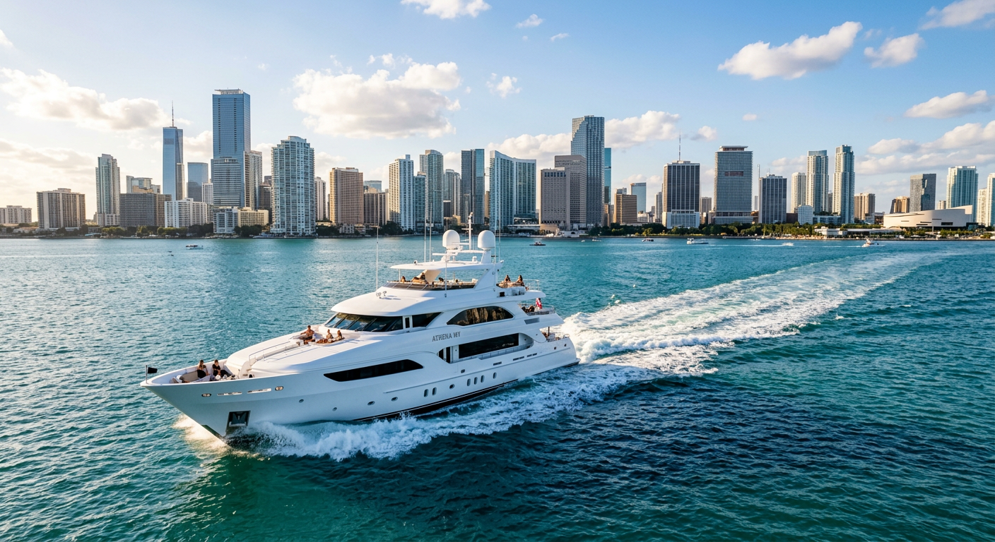 A large white yacht cutting through Biscayne Bay, leaving a distinct wake against the Miami skyline.