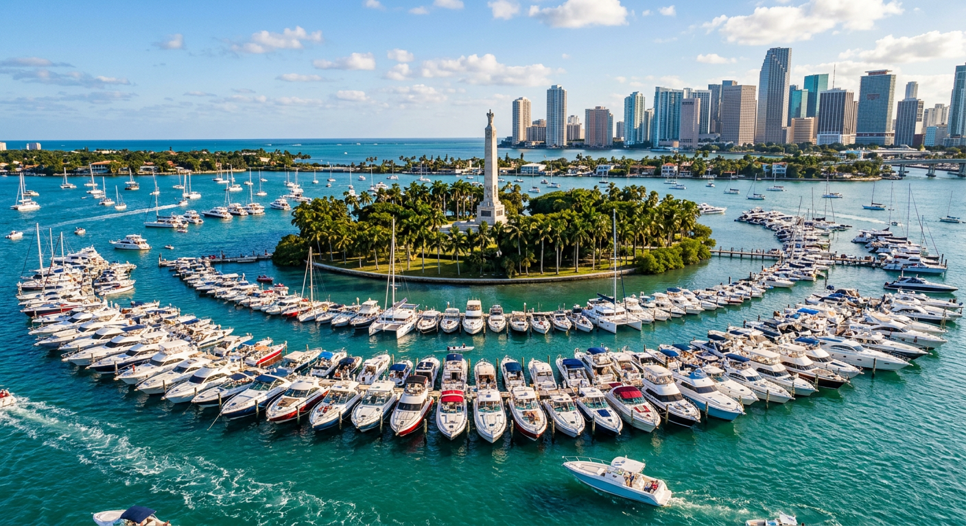 Dozens of boats anchored closely together near Monument Island in Miami's Biscayne Bay