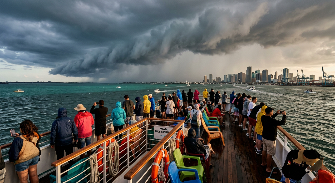Dark rain clouds rolling over a crowded boat deck on Biscayne Bay
