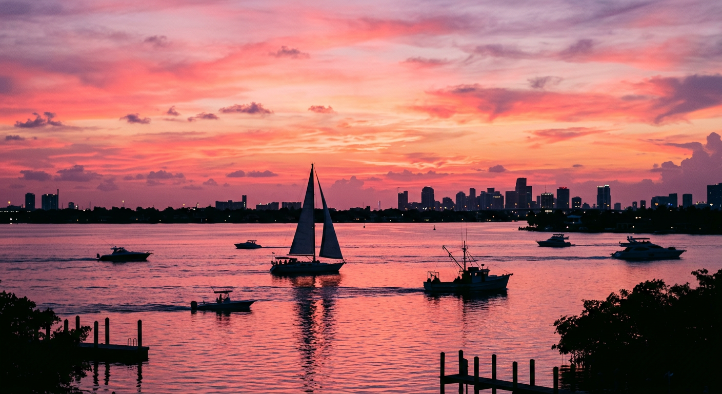 Silhouettes of passing boats against a bright pink sunset sky over Biscayne Bay