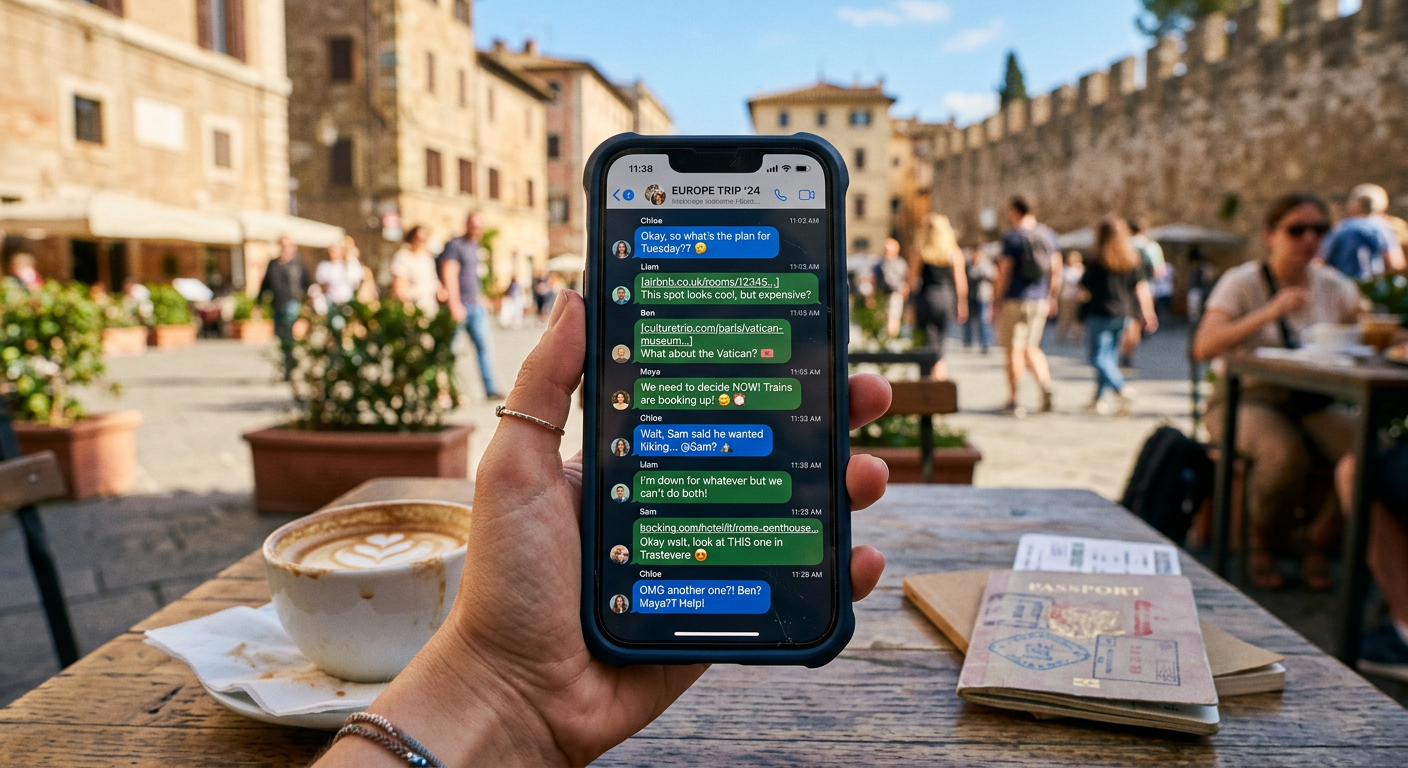 A messy group text chain on a smartphone screen showing scattered links and indecision
