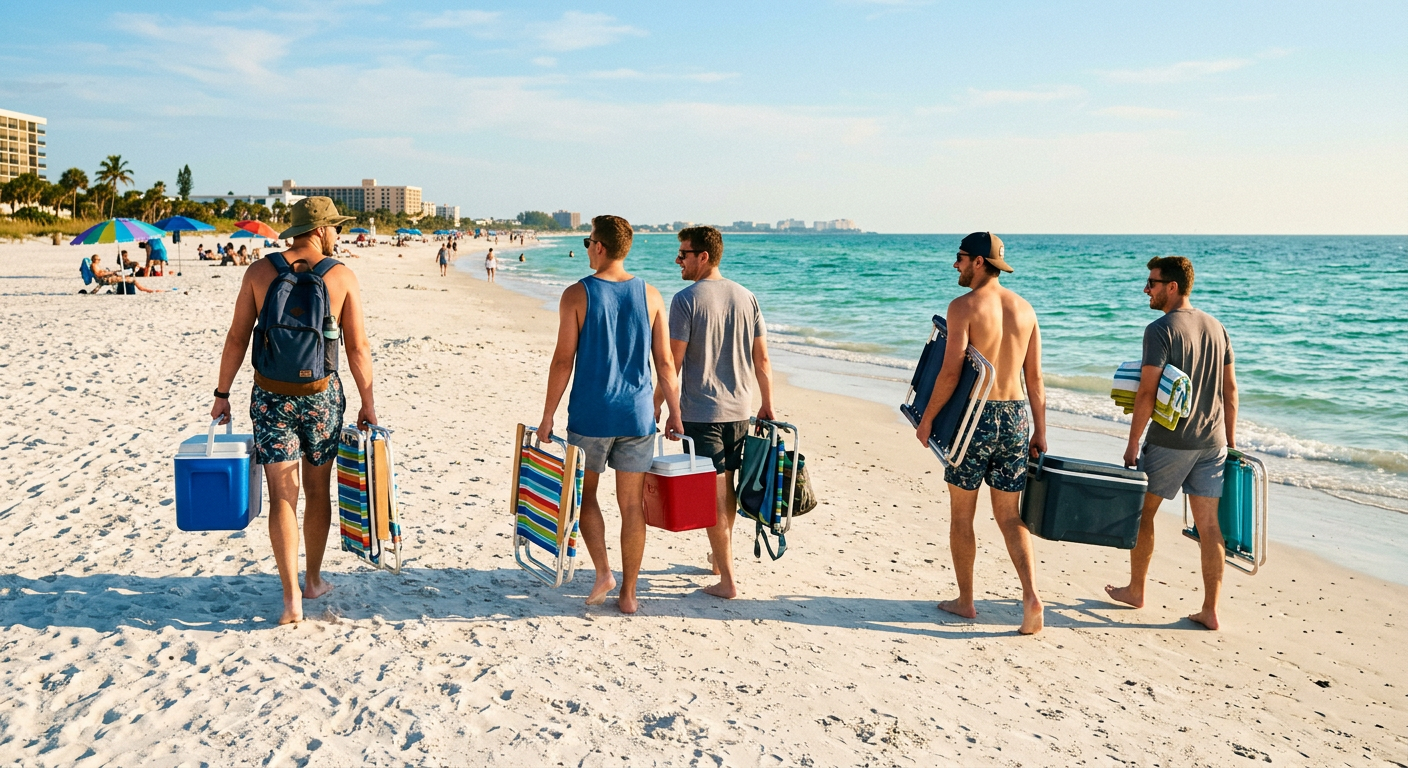 A group of guys carrying coolers and beach chairs across the white sand of St. Pete Beach