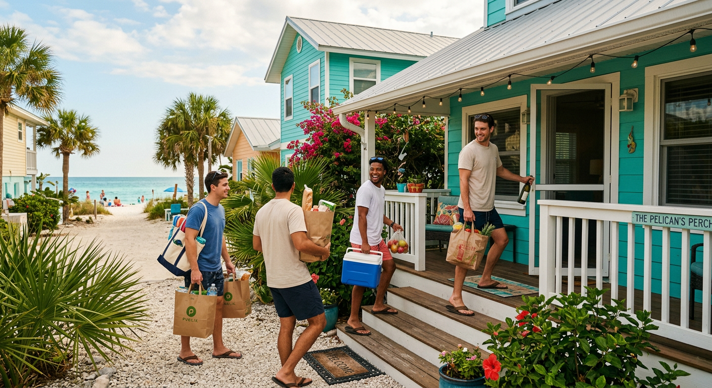 A group of guys carrying groceries into a St. Pete Beach vacation rental