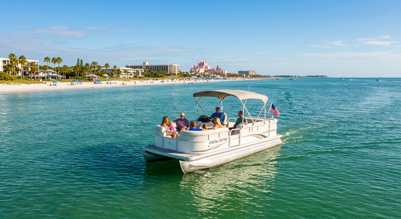 A pontoon boat navigating the calm green waters near St. Pete Beach under a clear sky