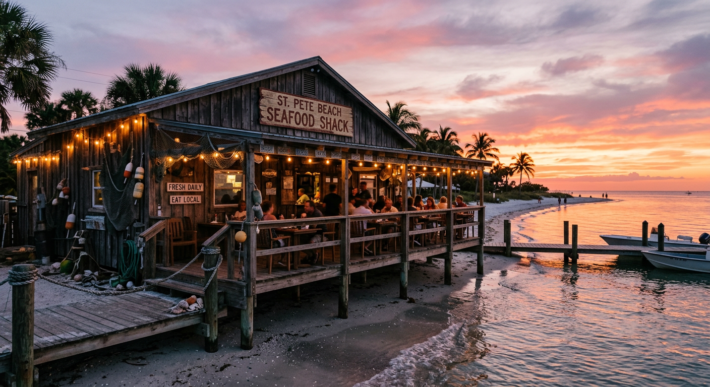 A weathered wooden seafood shack near the water at dusk in St Pete Beach