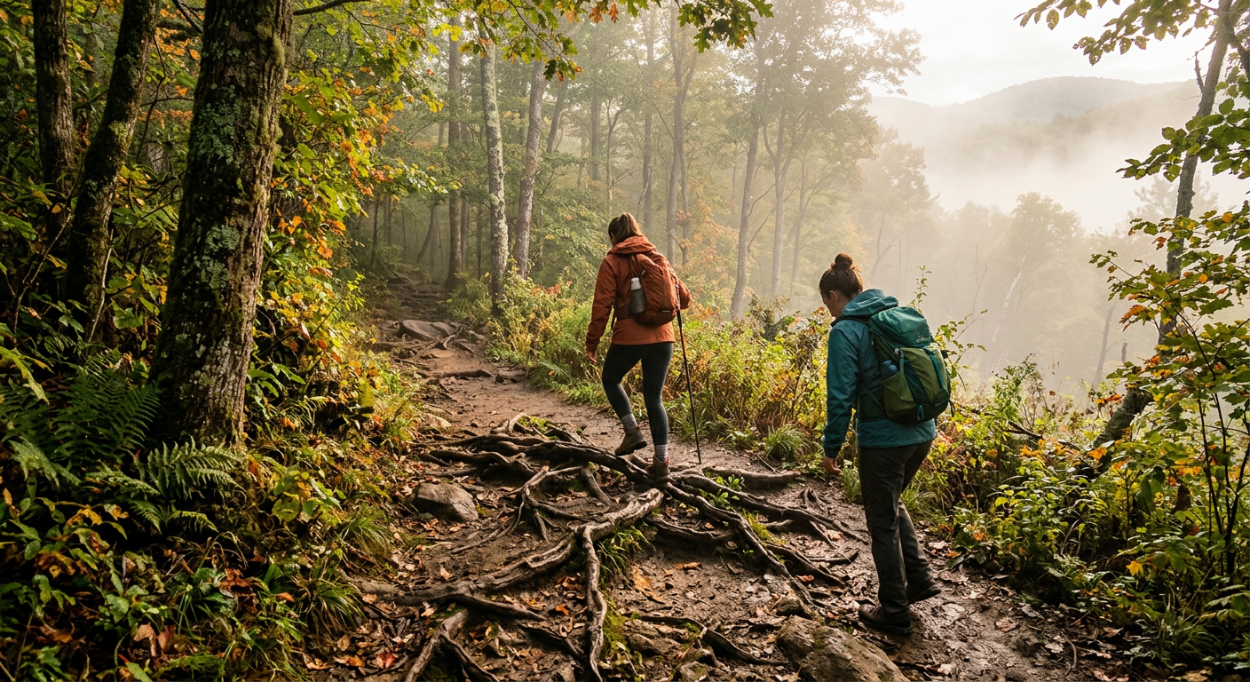 Hikers navigating a root-tangled dirt trail near the Blue Ridge Parkway shrouded in light morning mist
