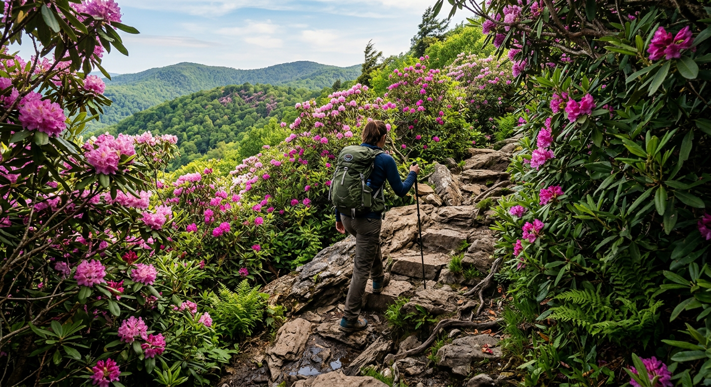 A hiker navigating a steep, rocky trail surrounded by dense rhododendrons in Pisgah National Forest