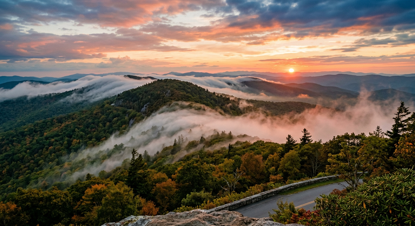 Thick mist rolling over a forested mountain ridge at sunset in North Carolina