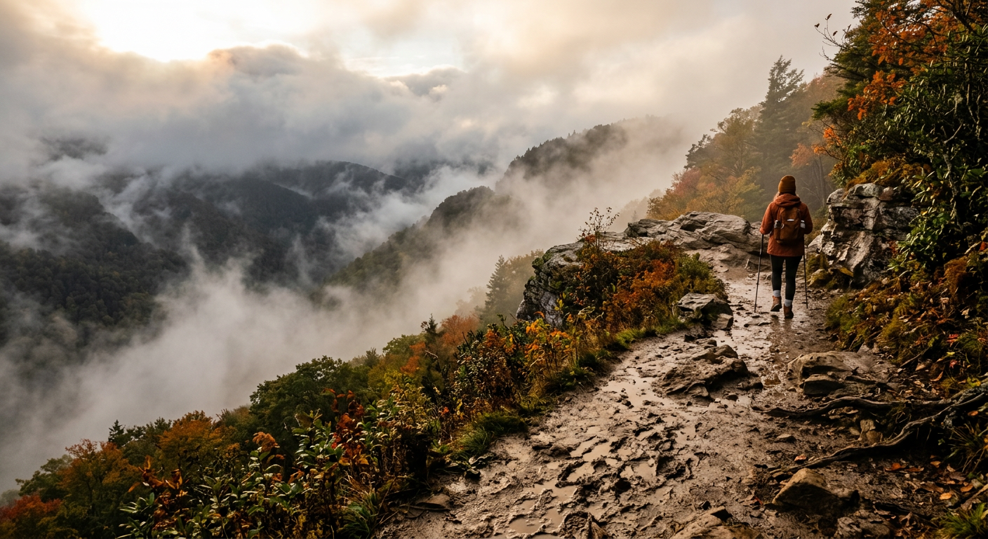 A dense fog rolling over a muddy hiking trail overlooking a steep valley in the North Carolina mountains