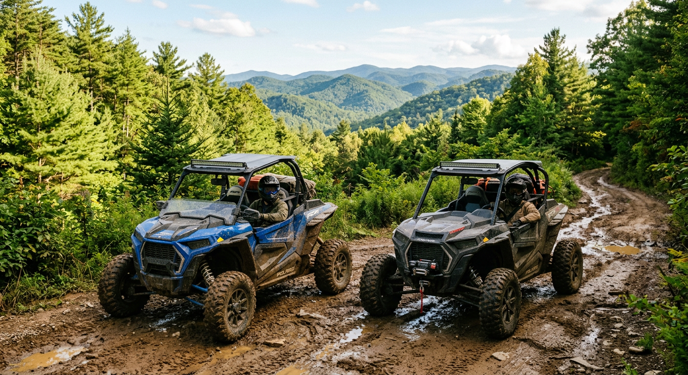 Side-by-side RZR vehicles parked on a muddy mountain trail lined with dense North Carolina pine trees