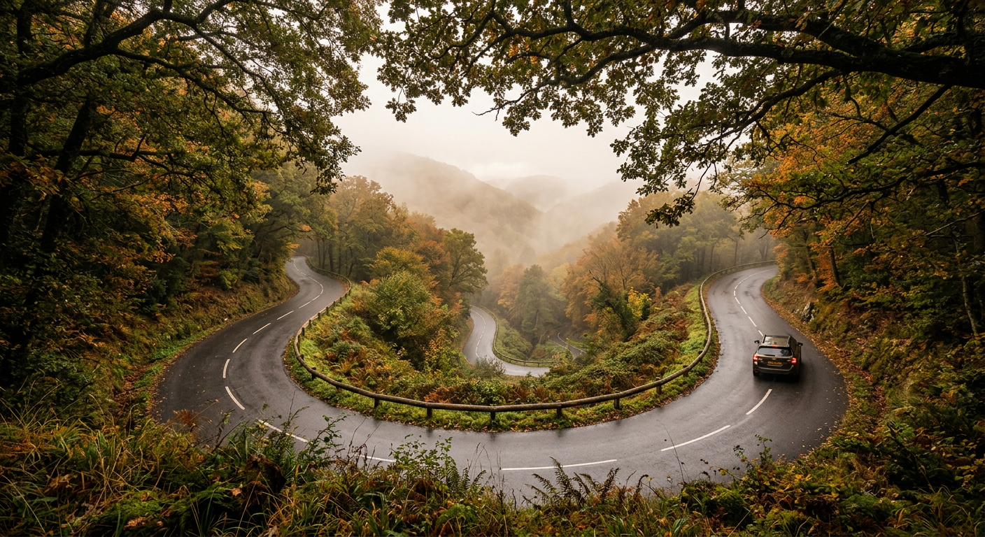 A winding, fog-covered mountain road descending through dense oak canopy