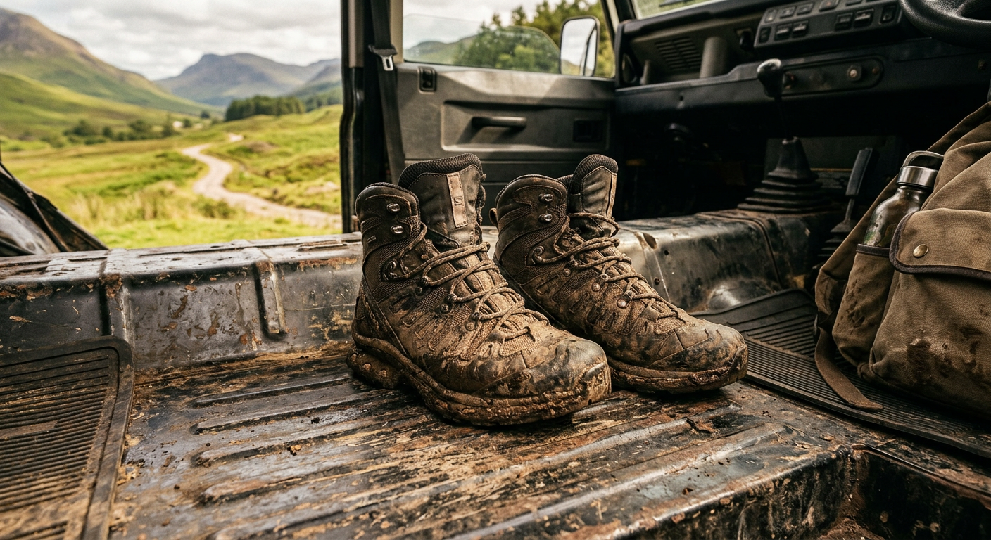 Mud-caked hiking boots resting on the heavy metal floorboard of an off-road vehicle