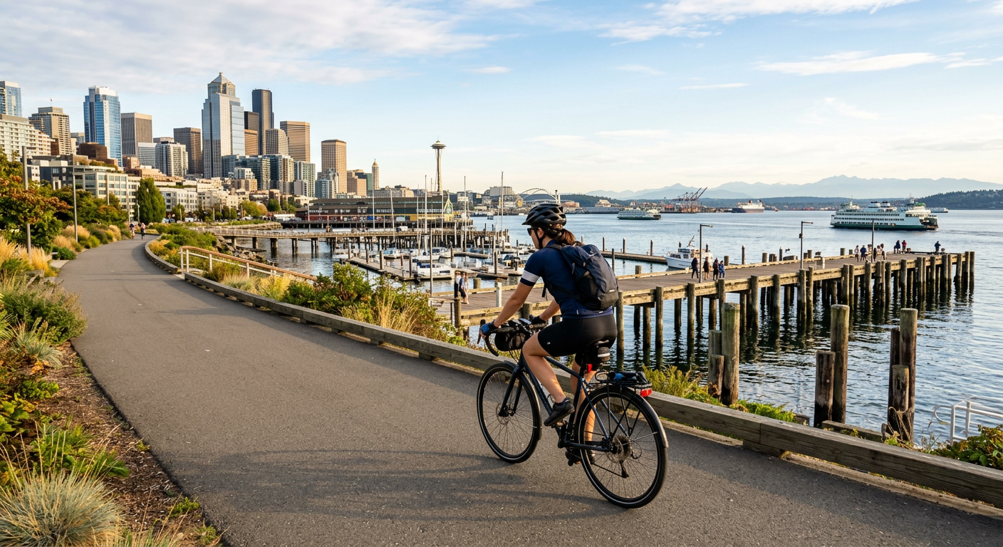 A cyclist riding a bike along a flat paved trail on the Seattle waterfront with Elliott Bay and wooden piers in the background
