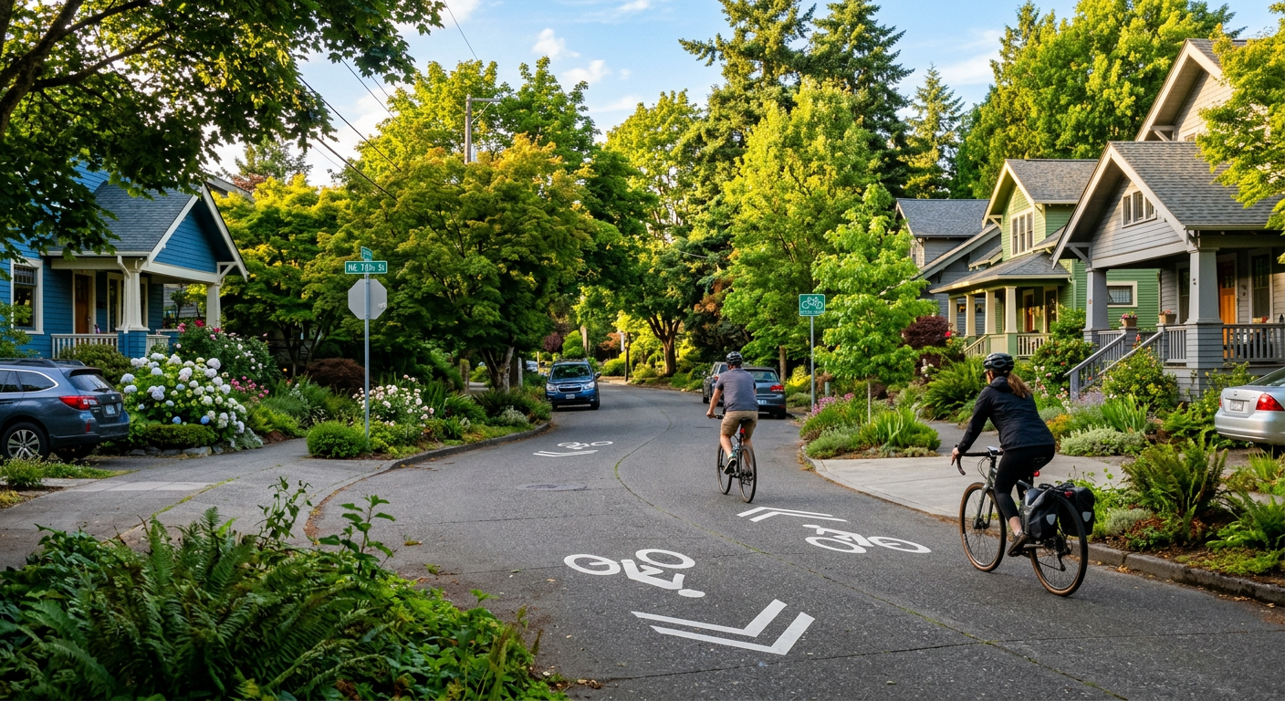 A quiet residential neighborhood greenway in Seattle with painted bicycle sharrows