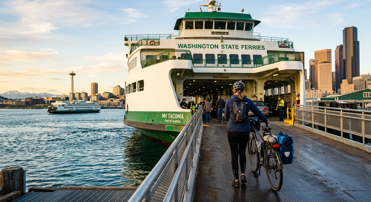 Cyclist pushing a bicycle onto a large green and white Seattle passenger ferry