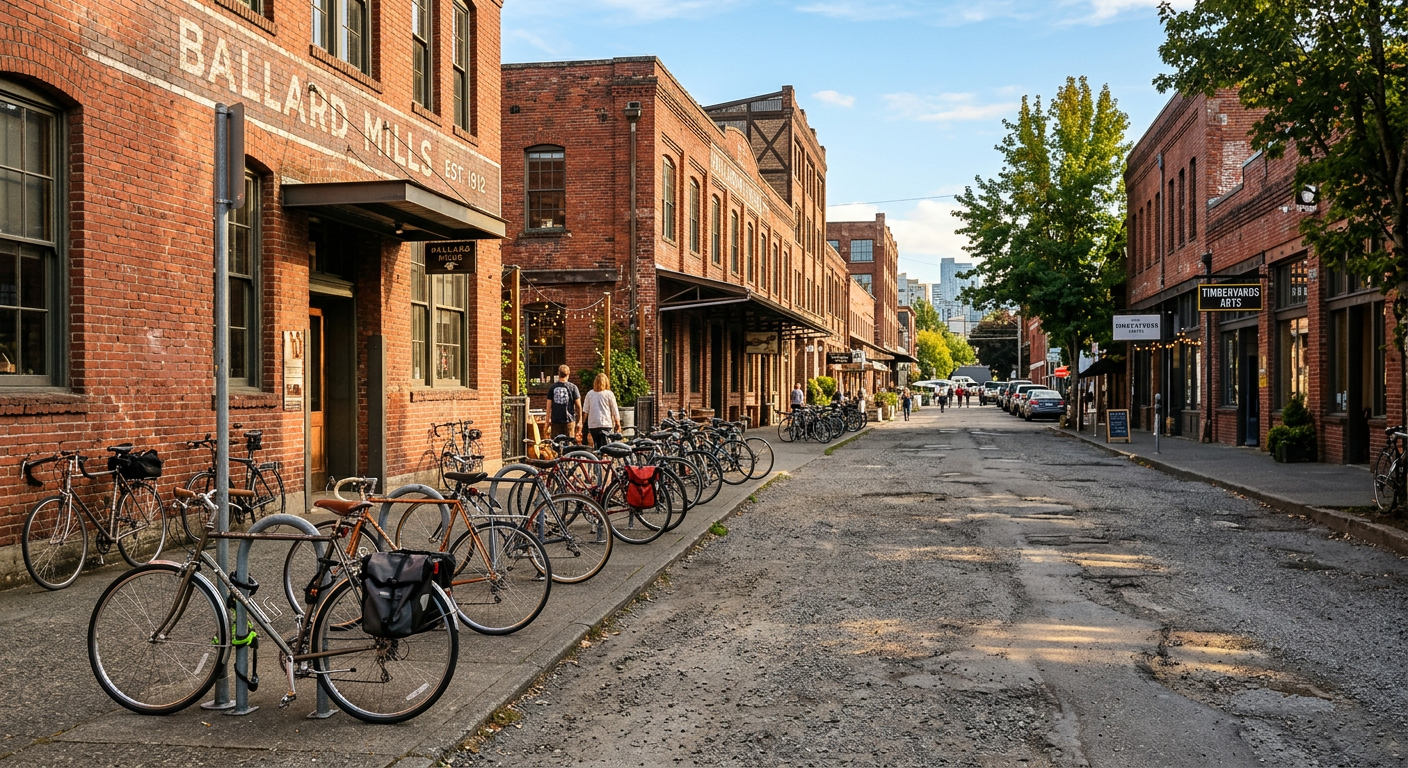 A gravel-dusted street lined with older red brick warehouses and parked bicycles in Seattle