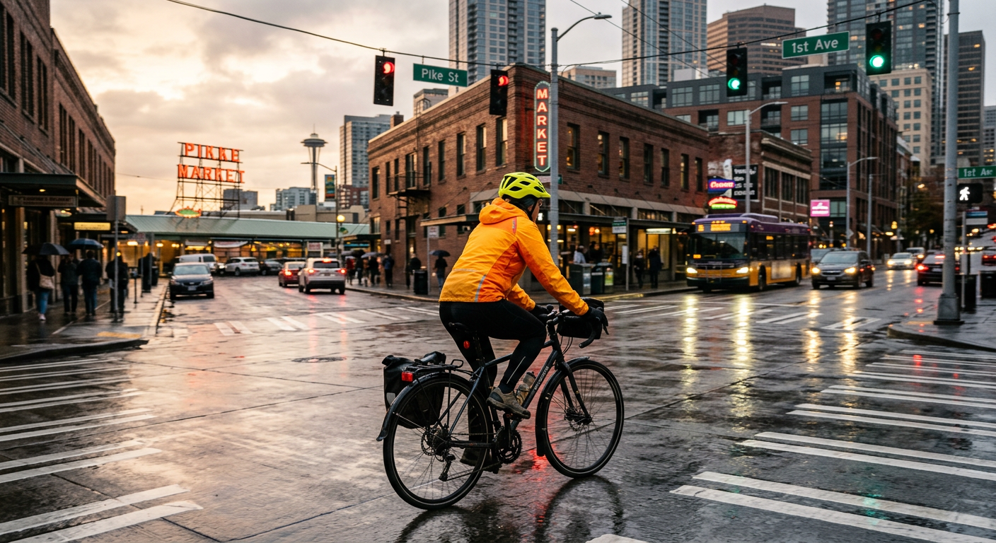 A cyclist riding through a rain-slicked intersection in downtown Seattle wearing bright waterproof layers