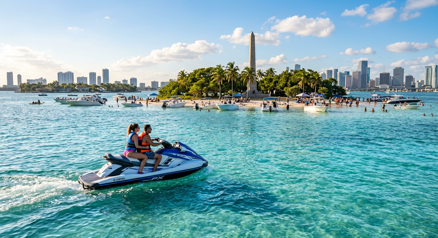 Personal watercraft navigating the bright turquoise waters near the Flagler Memorial Island sandbar in Miami