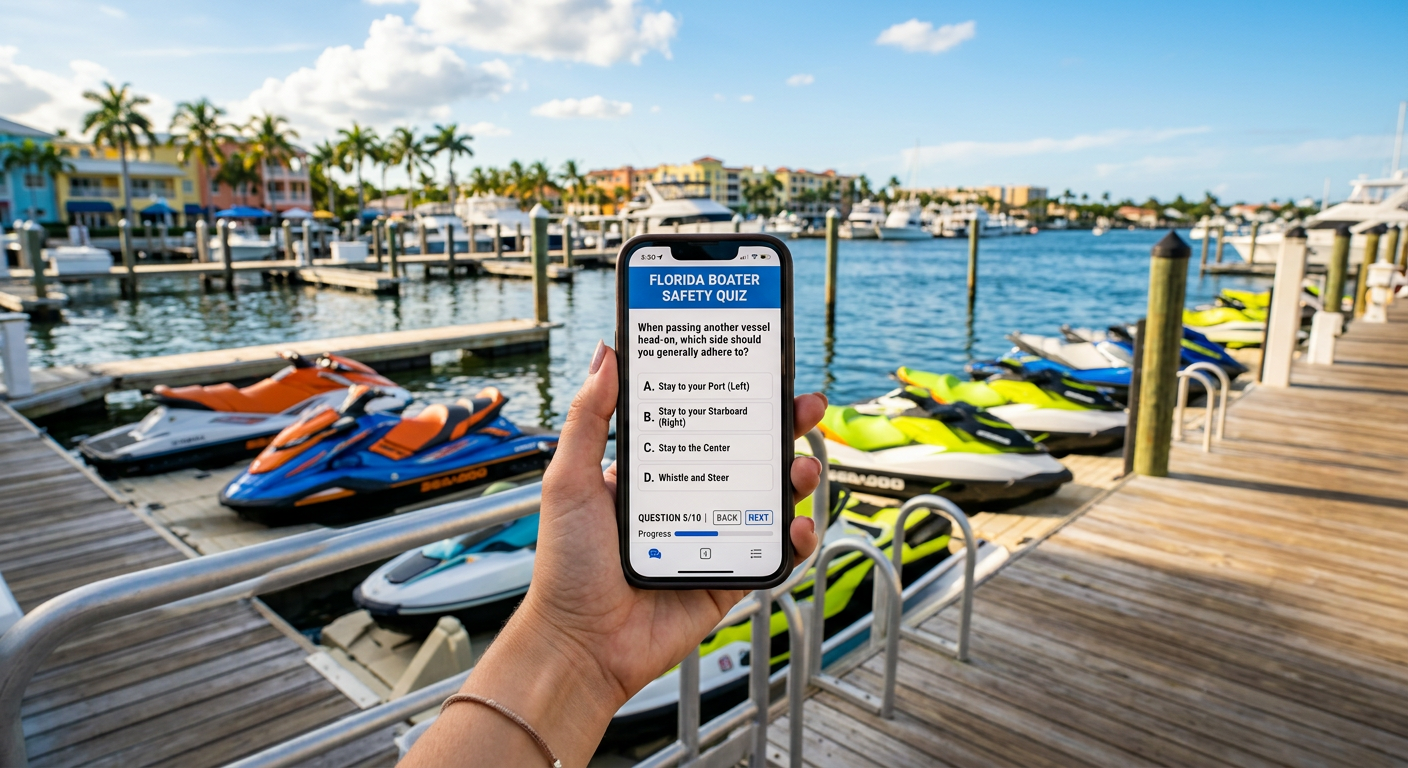 A phone screen displaying a boater safety quiz, held over a marina dock with personal watercraft in the background