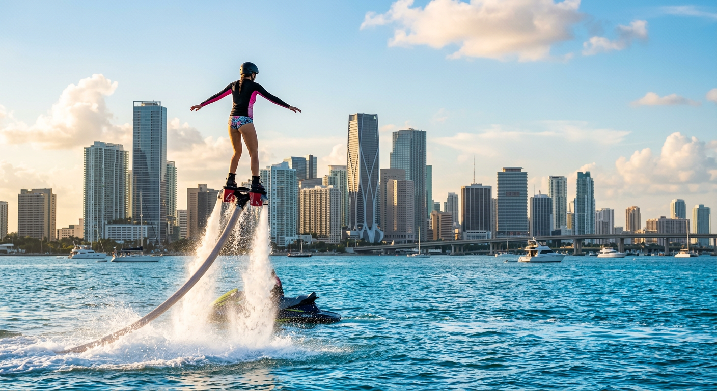 A person on a flyboard hovering above the blue waters of Biscayne Bay against the Miami skyline