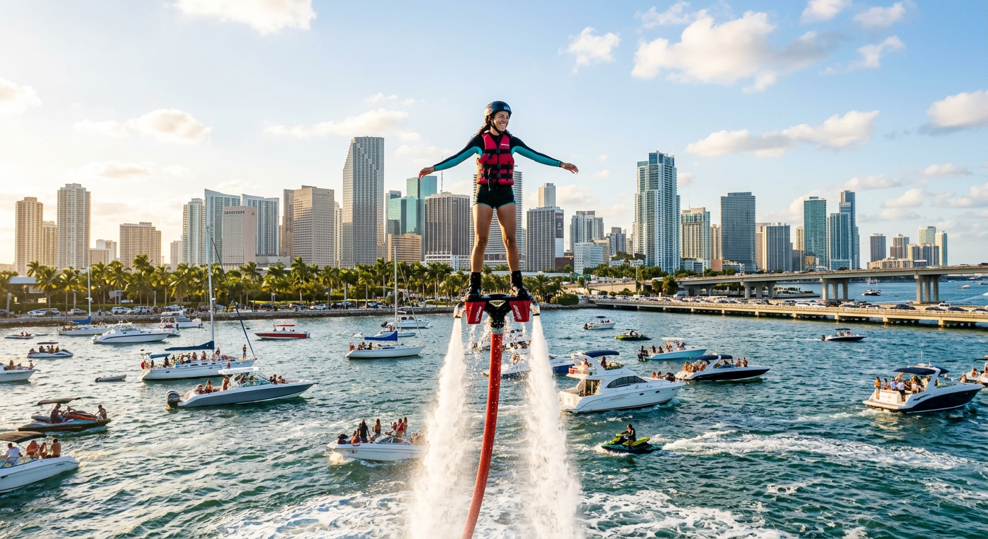 A person on a hydro-flight flyboard hovering peacefully above the crowded waters of Biscayne Bay Miami