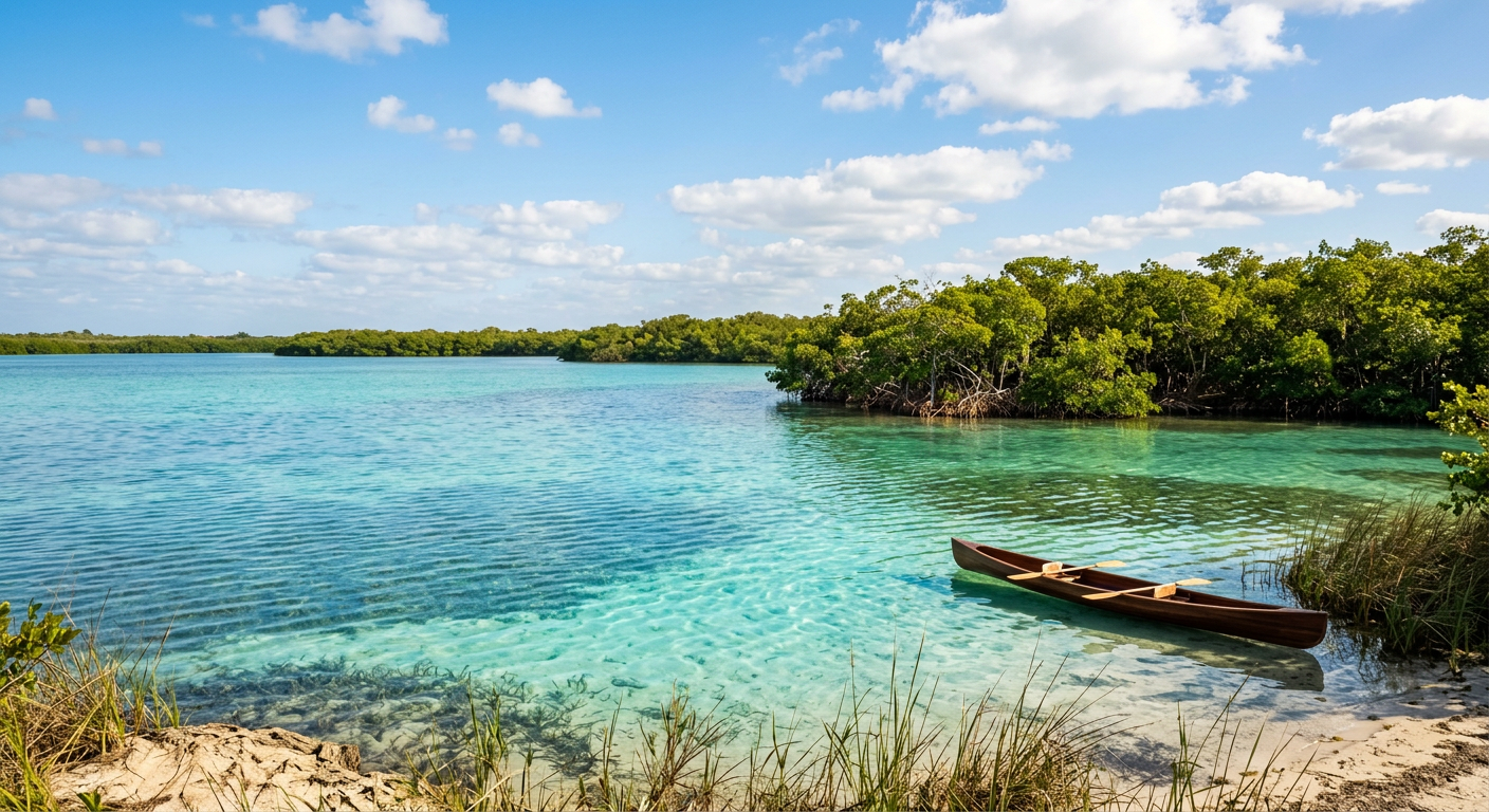 A quiet stretch of shallow turquoise water in Miami surrounded by distant mangroves and blue sky