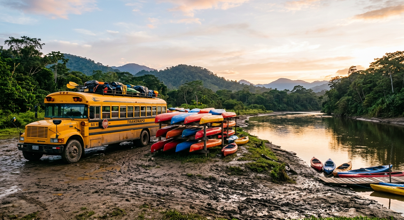 A yellow transport bus parked next to a muddy riverbank at dawn with stacked kayaks