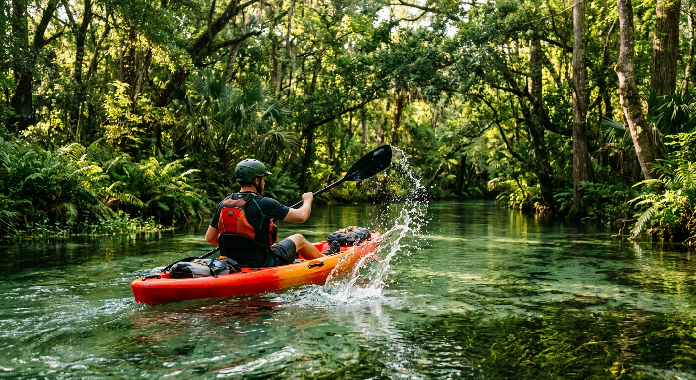 A kayaker splashing through clear river water under a dense green tree canopy