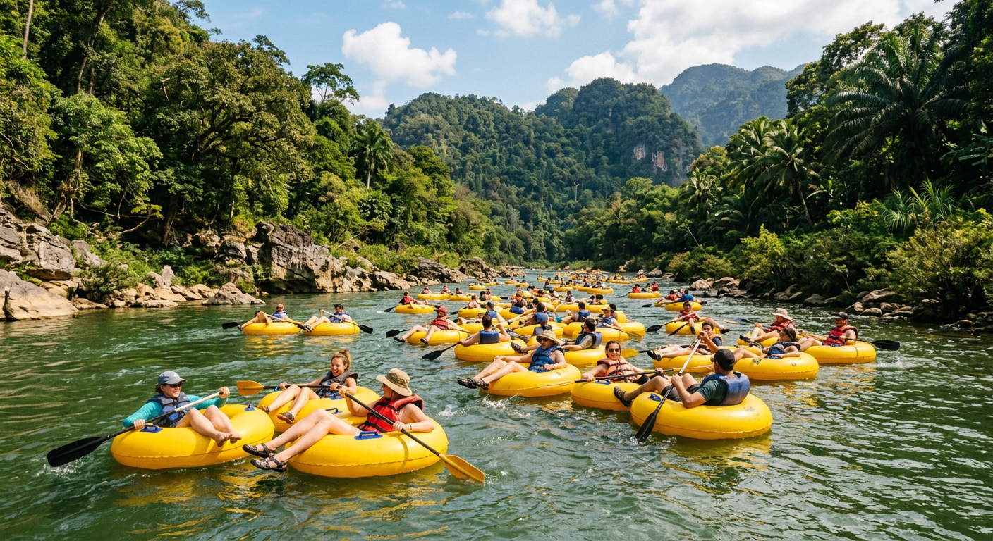 Paddlers in bright yellow tubes navigating a crowded green river under a sunny sky