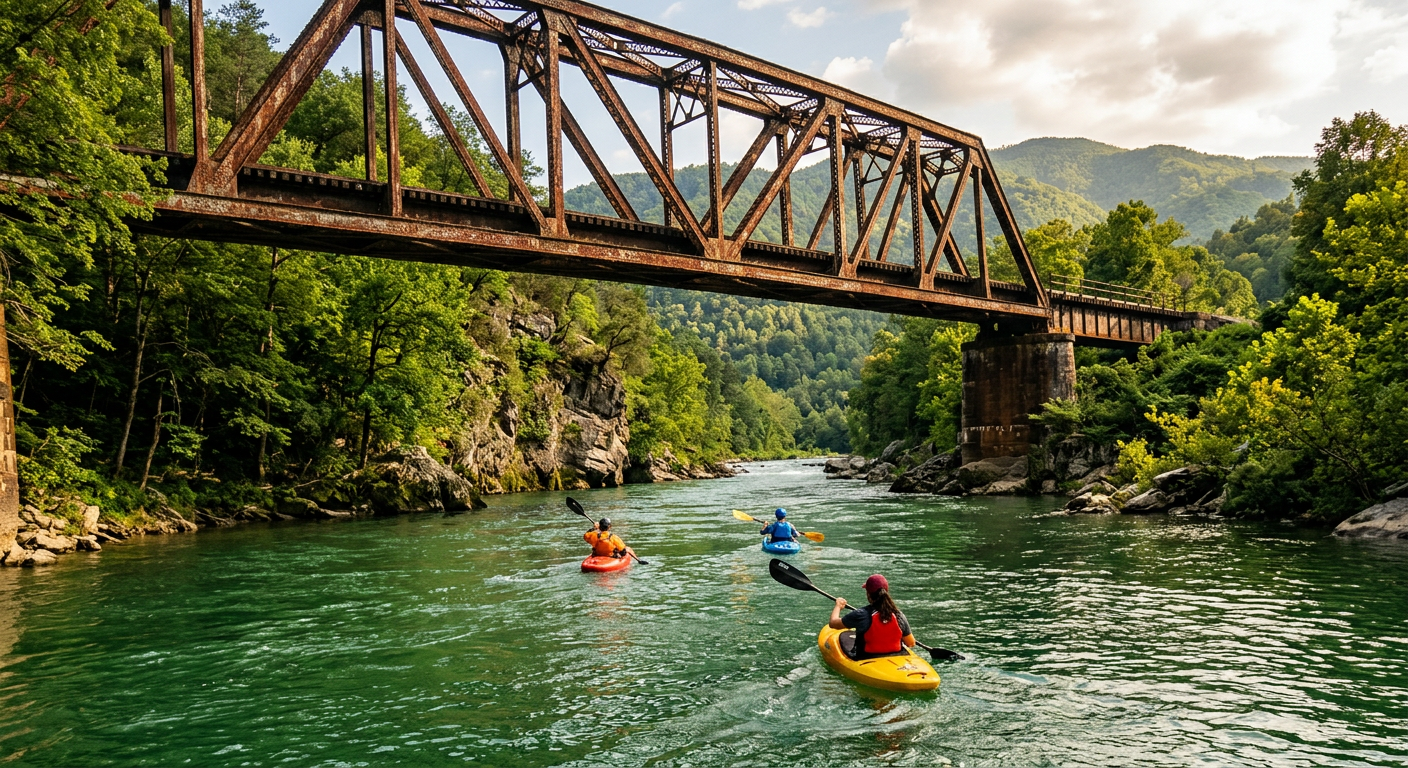 Paddlers navigating a green river under an old rusted metal suspension bridge