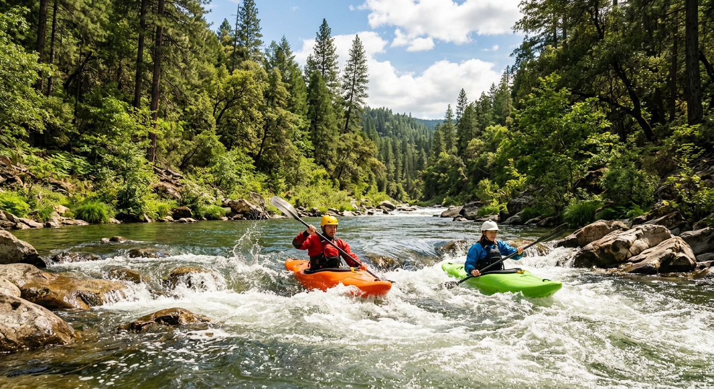 Kayakers navigating small white water rapids in a lush green tropical river setting