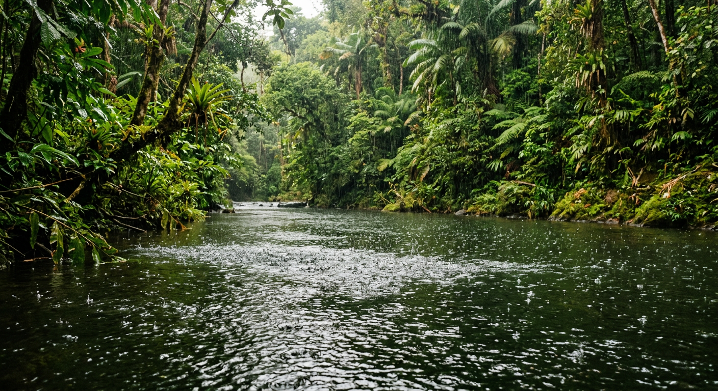 Rain drops splashing on the surface of a dark green river surrounded by dense foliage in Costa Rica