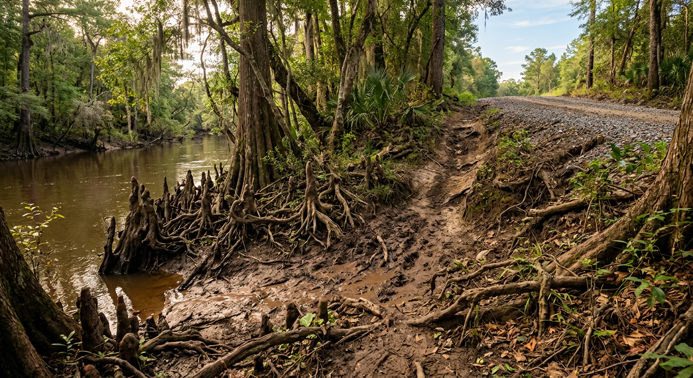 Muddy river bank exit with thick jungle roots and a steep dirt path leading up to a gravel road