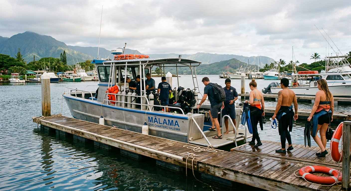 Tourists boarding an aluminum dive boat in Haleiwa harbor under overcast morning skies