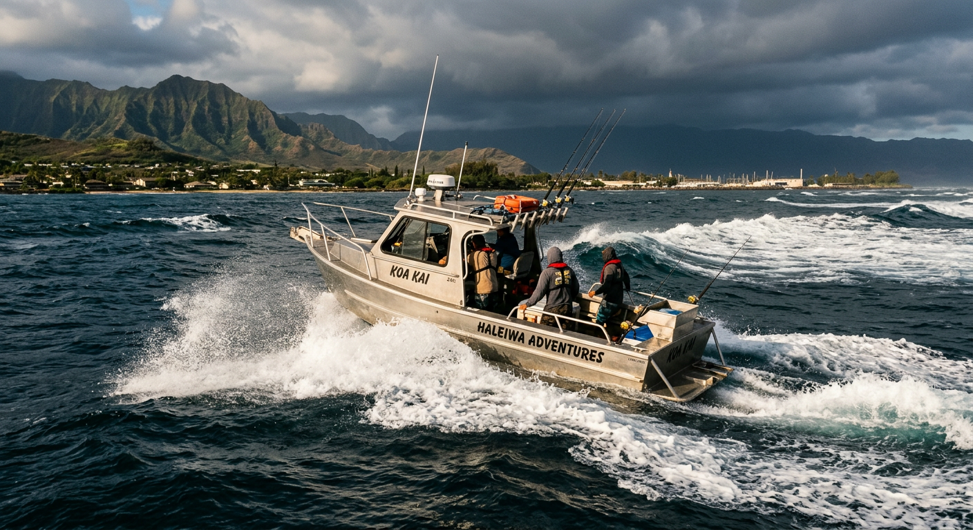 A small aluminum charter boat hitting choppy swells off the coast of Haleiwa with dark clouds in the distance