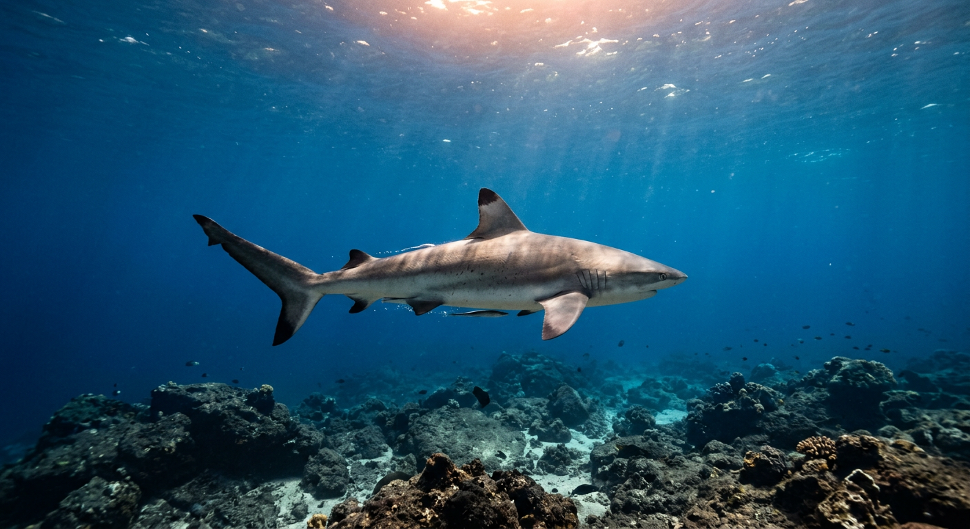 A downward view of a Galapagos shark swimming peacefully through deep blue water
