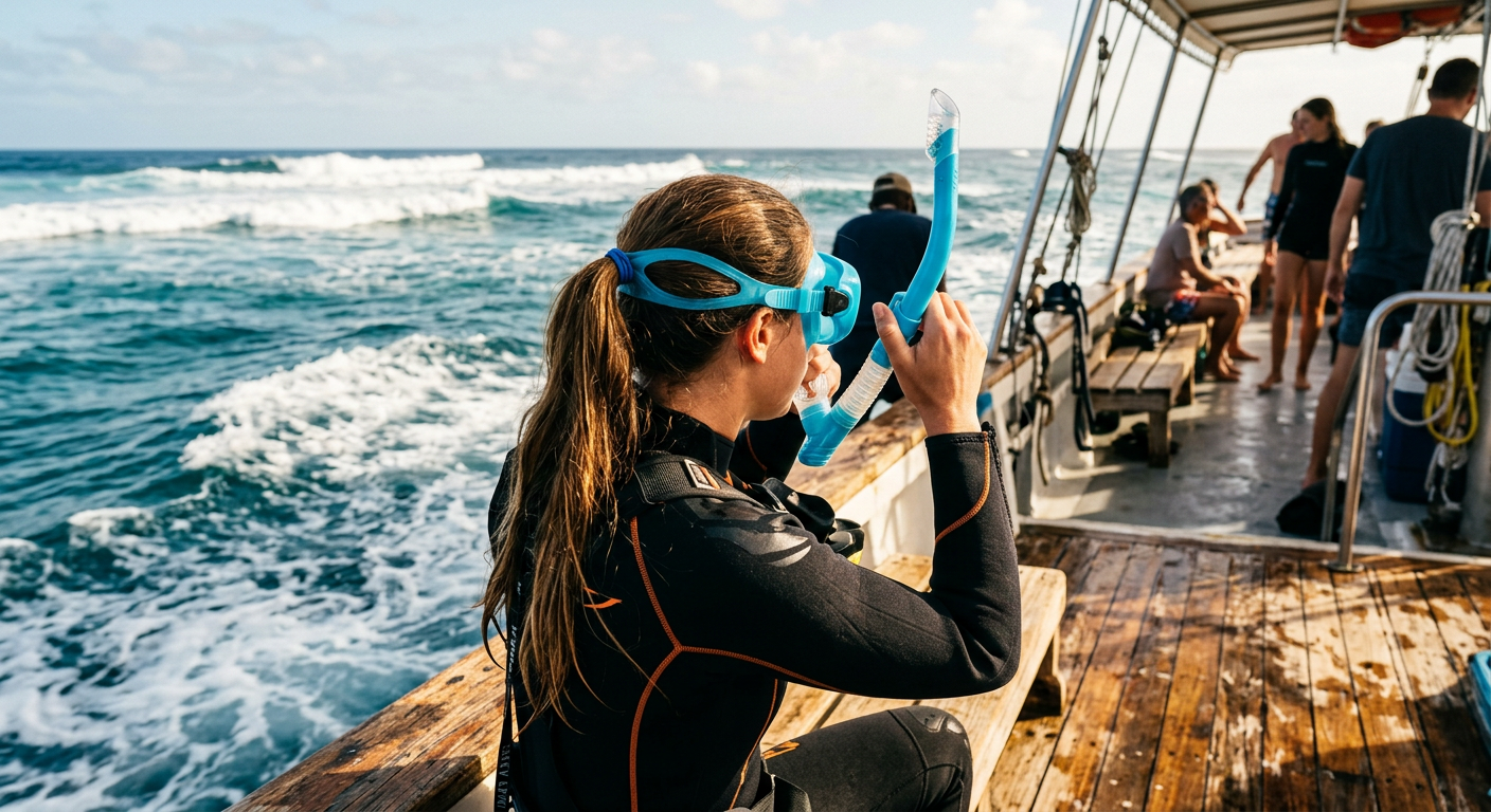 A diver steadying a blue snorkel mask on a boat deck as ocean waves roll in the background