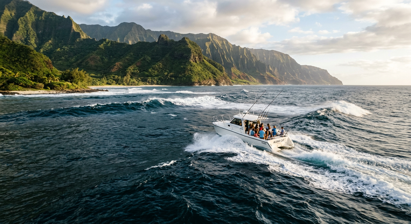 Dark blue Pacific waves rolling past the Hawaiian coast with a small charter boat cutting through the ocean swell